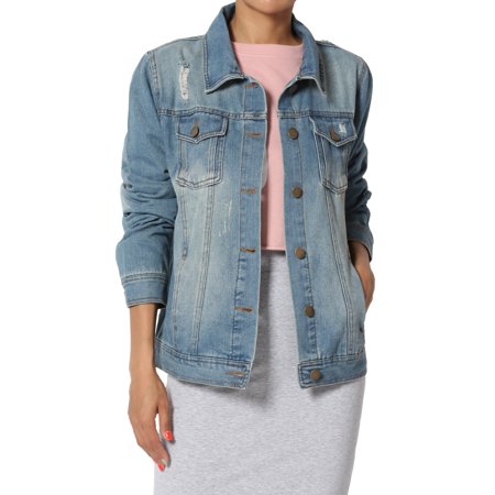 TheMogan Junior's Trucker Relaxed Fit Boyfriend Denim Jacket in Distressed Wash