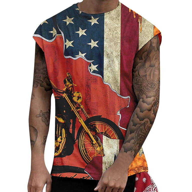 HIBRO Men's Casual Tank Tops American Flag Print Sleeveless Muscle