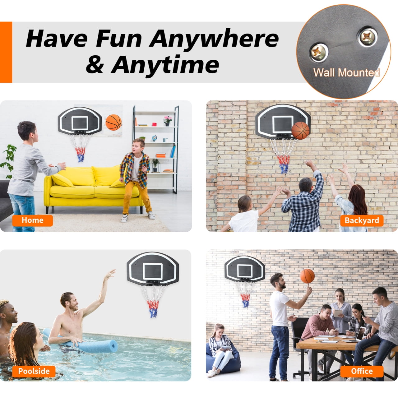 28.5x18 Inch Wall-Mounted Basketball Hoop, Foldable Hoop with Shatterproof Backboard and All-Weather Net, for Outdoor and Indoor, Black