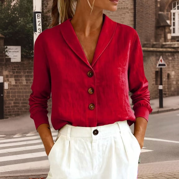 Endives Women's Shirt Solid Color Casual Loose Fashion Cotton Linen Long Sleeve Collar Button Shirt Spring Outfit