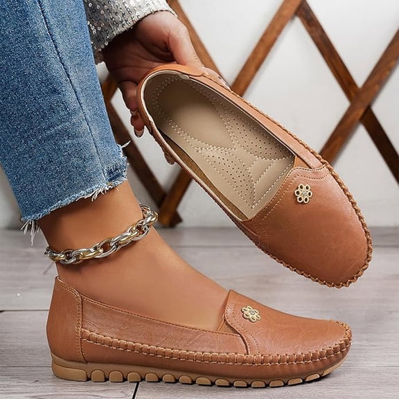 Women's Orthopedic Leather Loafers, Beige Slip-On Flats, Casual Comfort Walking Shoes with Barefoot Feel, Anti-Slip Rubber Sole, PU Upper