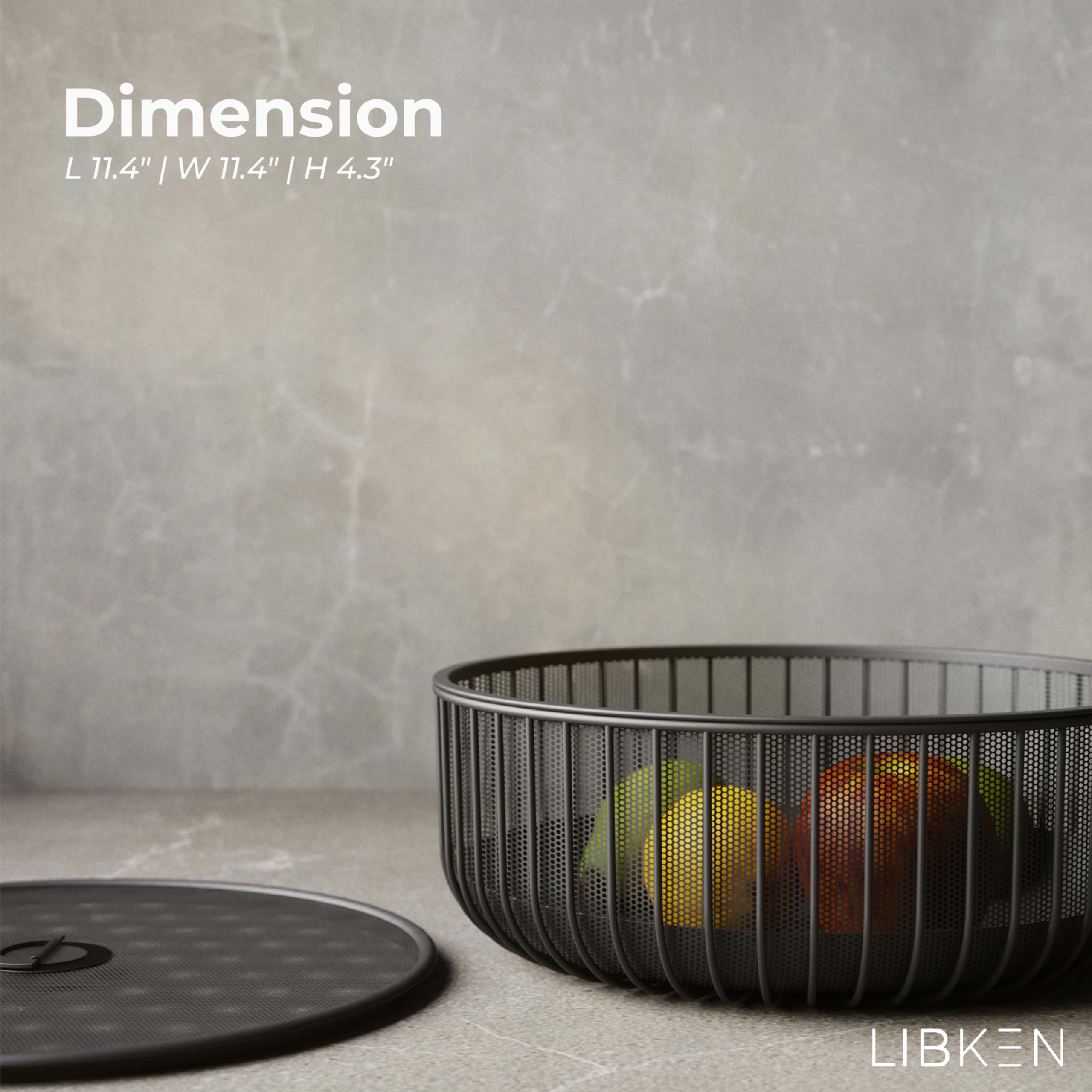 LIBKEN Metal Fruit Bowl with Mesh Lid and Basket - Fruit and Vegetable Holder for Kitchen Counter - Versatile and Durable Storage Basket Organizer for Fruit, Veggie, Snacks - 11x11x4-Inch (Warm Gray)