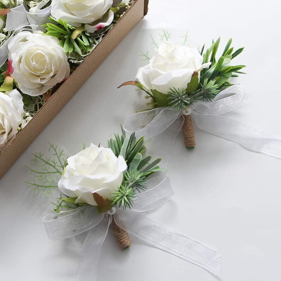 White Bridesmaid Groom Boutonniere Corsage Sister Wrist Artificial Flower Rose 