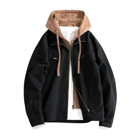 M-4X Plus Size Mens Big & Tall Jackets with Pockets and Hood Zip Up Coats Fake-Two-Piece Color Block Long Sleeve Workout Outerwear Jacket