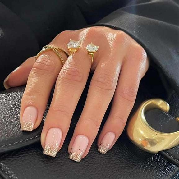 Press on Nails Medium Square Fake Nails Glossy Glue on Nails Pink Acrylic Nails Squoval Artificial Nails Bling Glitter Stick on False Nails with Design 24 pcs 04511Gold 0.04 Fl Oz (Pack of 24)