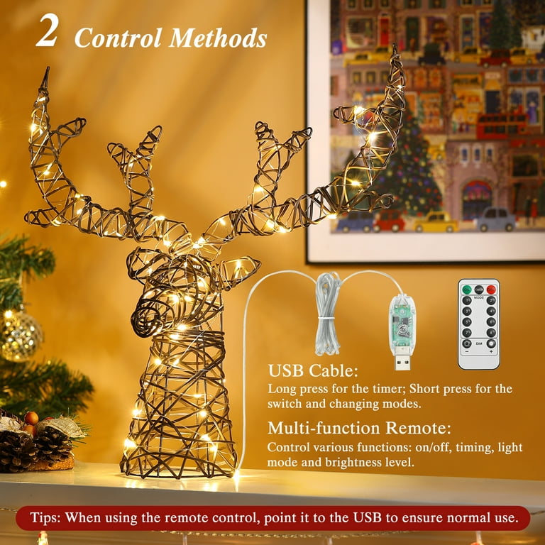 Lewondr Christmas Tree Topper, Remote & USB Operated Tree Topper with  Lights 6H Timer, Metal Frame Deer Tree Topper with 50 Warm Light Beads for  Holiday Home Xmas Tree Decoration,Brown 
