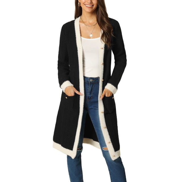 INSPIRE CHIC Women's Contrast Color Dress Long Sleeve Open Front Button Down Sweater Cardigan with Pockets M Black
