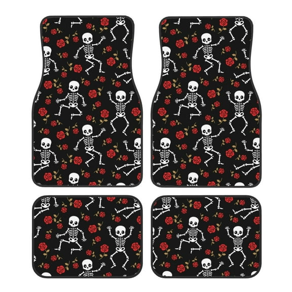 Balery Skeleton with Roses Pattern 4-Piece Floor Mats, Heavy-Duty Rubber Liners, Anti-Slip Design, All-Season Automotive Protection, Vehicles, Cars, Trucks, and SUVs