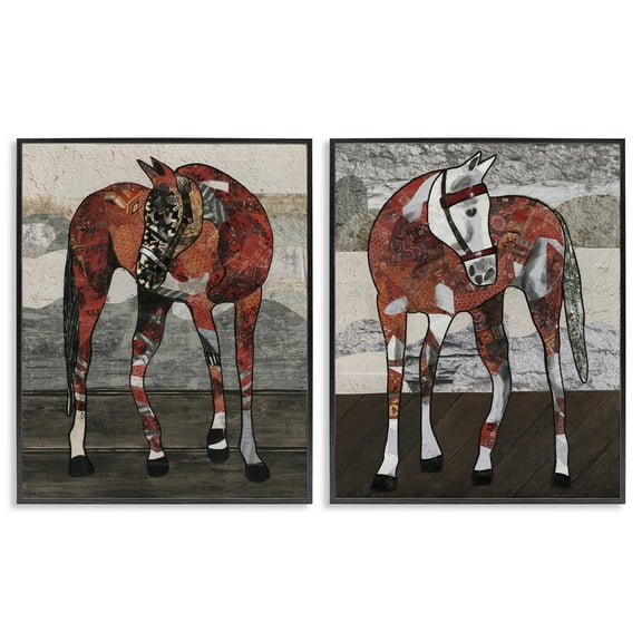 Stupell Industries Abstract Patchwork Horses Animals Painting Black Framed Art Print Wall Art, 11 x 14, Set of 2