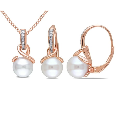 Miabella 8-8.5mm White Cultured Freshwater Pearl and 1/10 Carat T.W. Diamond Rose Rhodium-Plated Sterling Silver 2-piece Pendant and Earrings Set