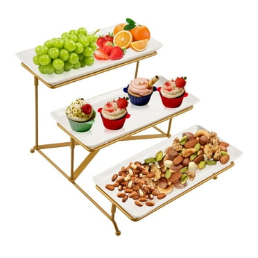 DCENTA 3 Tier Serving Tray Set, 12 Inch Porcelain Tiered Serving Trays Platters with Collapsible Serving Stand, Suitable for Dessert Table Display Set, Serving Dishes for Entertaining