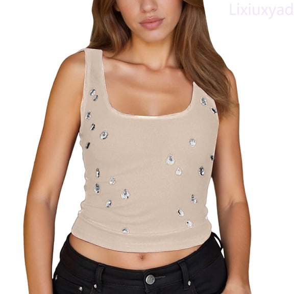 Lixiuxyad Women's Camisole Summer Camisole Top With Beaded Neckline Elegant Sleeveless Tank For Casual Wear And Layering,Beige