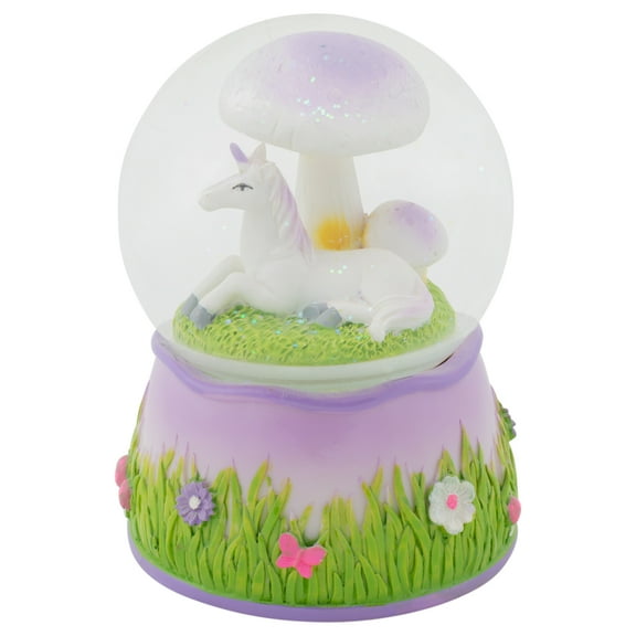 Purple Unicorn Under Mushroom Rotating Figurine 100MM Water Globe Plays Tune Memory