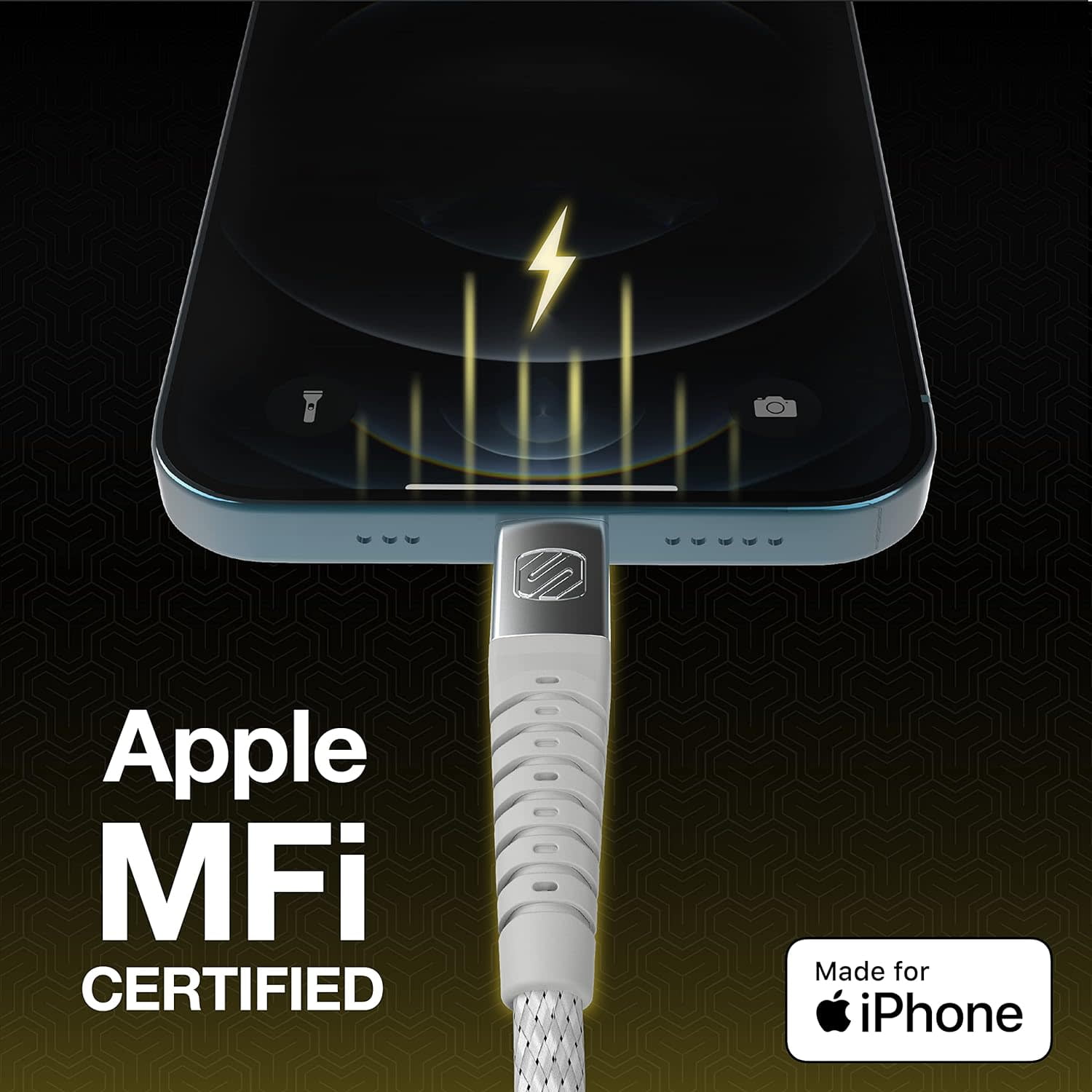 Scosche HDi3B4WT-SP Strikeline Heavy-Duty Premium MFi Certified Fast Charging Cable and Data Transfer, 4 ft. Braided USB-A to Lightning Charger Cord Compatible with Apple iPhone and iPad (White)