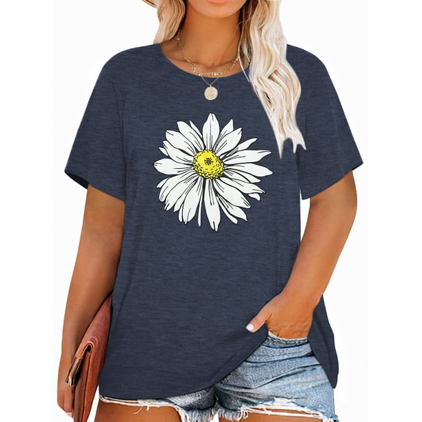 XCHQRTI Plus Size Daisy Shirt Oversized Graphic Tees for Women Plus ...