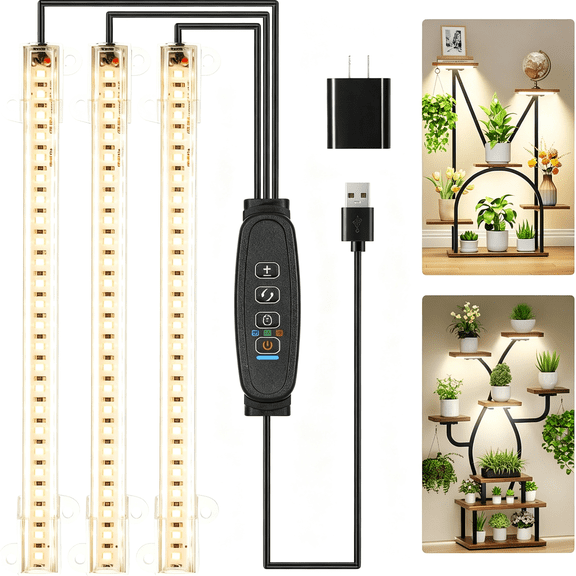 HIBIBUD 3 Head Led Grow Light Strips,72 Leds Full Spectrum 3000K Plant Light,10 Dimmable Levels with 3/9/12H Timer,Grow Light Strips for Indoor Plants,Seedlings,Succulents
