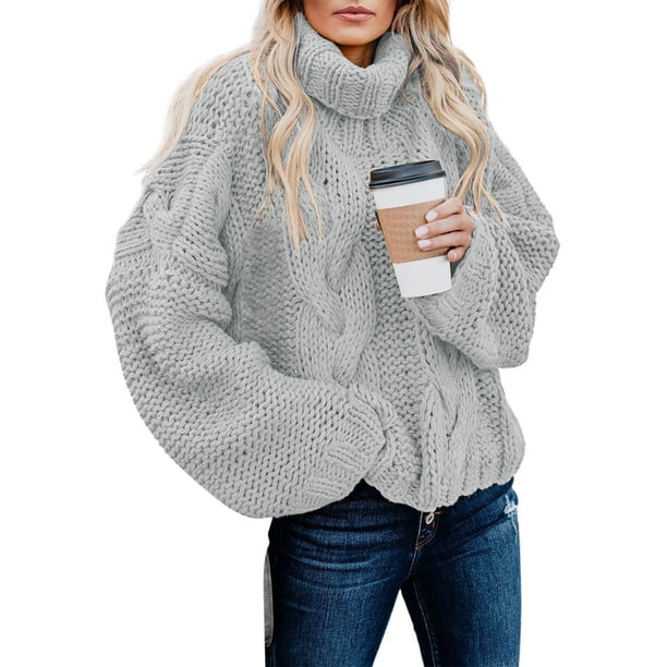Suéter de cuello alto para mujer, informal, de manga larga, liso, tejido de punto, suéter de cuello alto para mujer