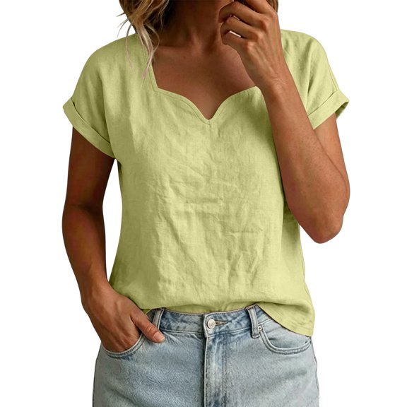 cocolona Linen Tops for Women Summer Solid Color V Neck Short Sleeve Shirts Dressy Casual Blouses