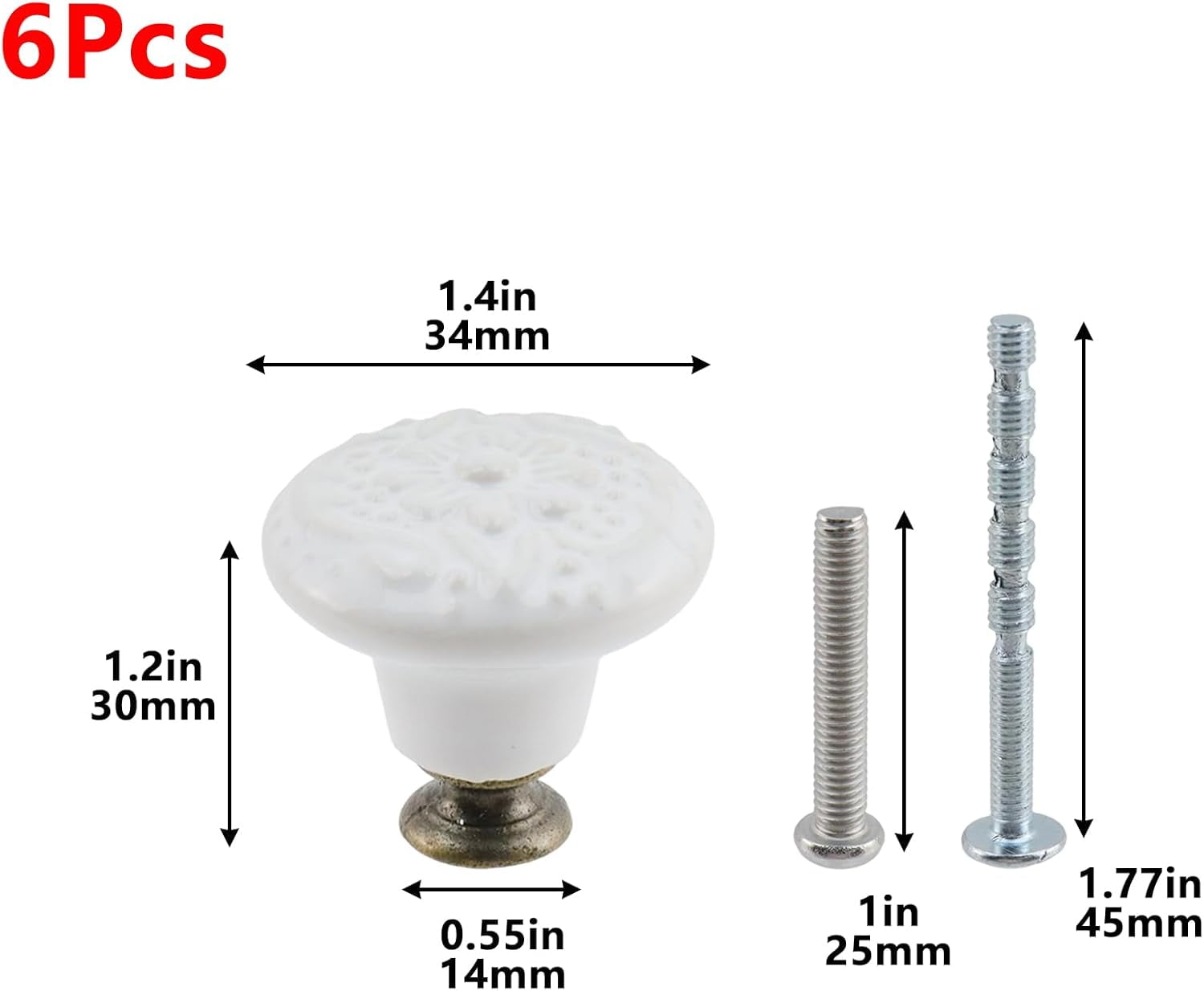 6Pcs Round Ceramic Drawer Knobs Cabinet Furniture Handle Vintage Flower Pattern Knobs, with Mounting Screws,White