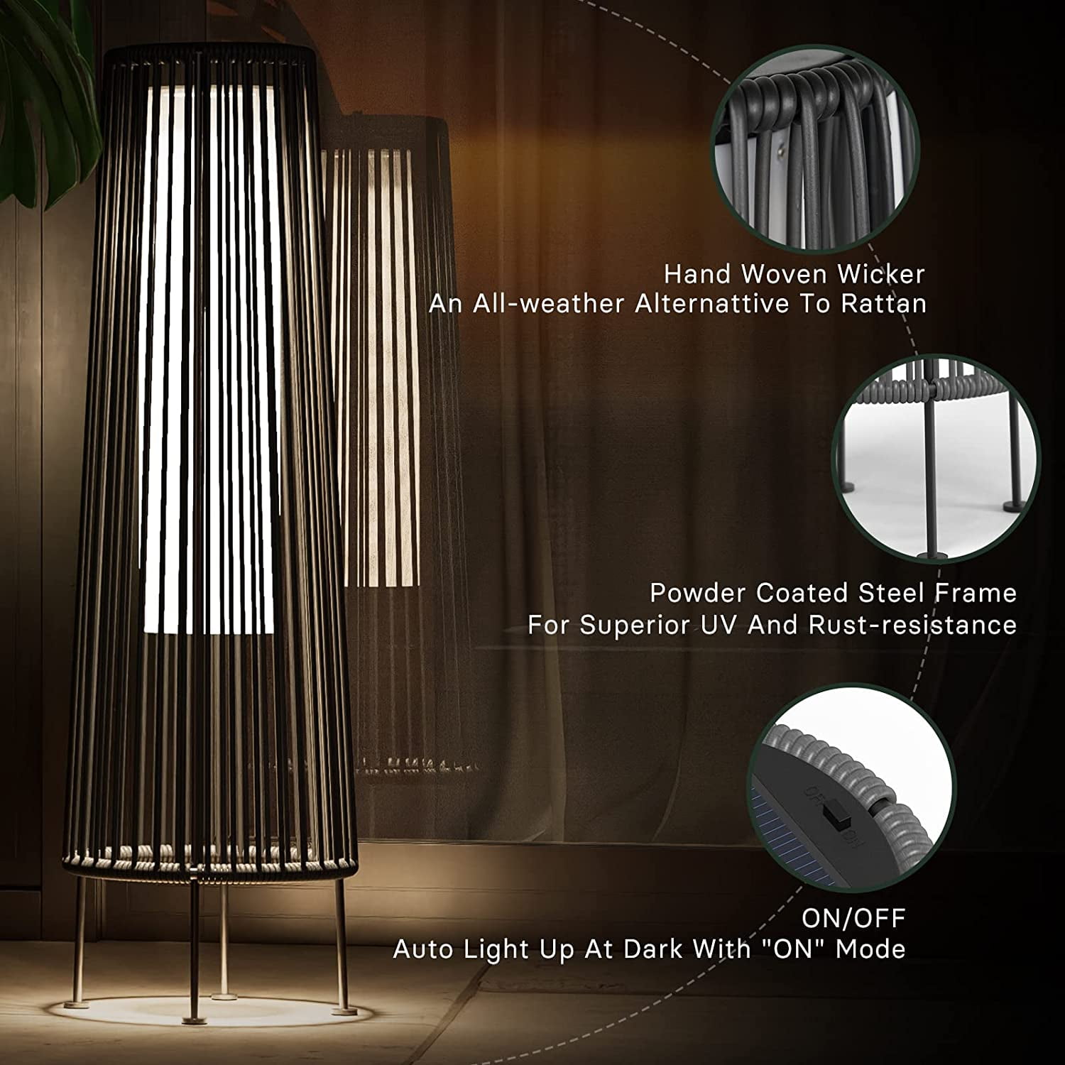 Outdoor Floor Solar Light 2-Pack, All-Weather Wicker Solar Patio Lamp, Dark Brown