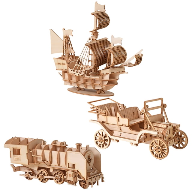 MasteelfCA 3 Set DIY Wooden Puzzle Plaything 3D Puzzle Toy Simulation Car Boat Train Style DIY Handmade Craft Jigsaw Puzzle Model (Mixed Style)