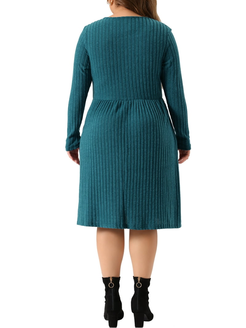 Agnes Orinda Women's Plus Size Dresses Round Neck Long Sleeve Ribbed Midi Knit Dress 4X Peacock Blue