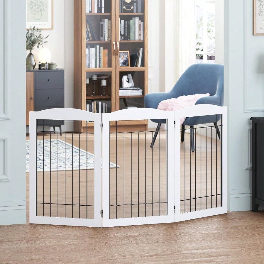 Freestanding Wire Pet Gate for Dogs, 60 inches Extra Wide, 30 inches Tall Dog Gate for The Houes, Doorway, Stairs, Pet Puppy Safety Fence, White 3 Panels