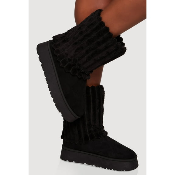 Women's Ribbed Faux Fur Round Toe Platform Booties