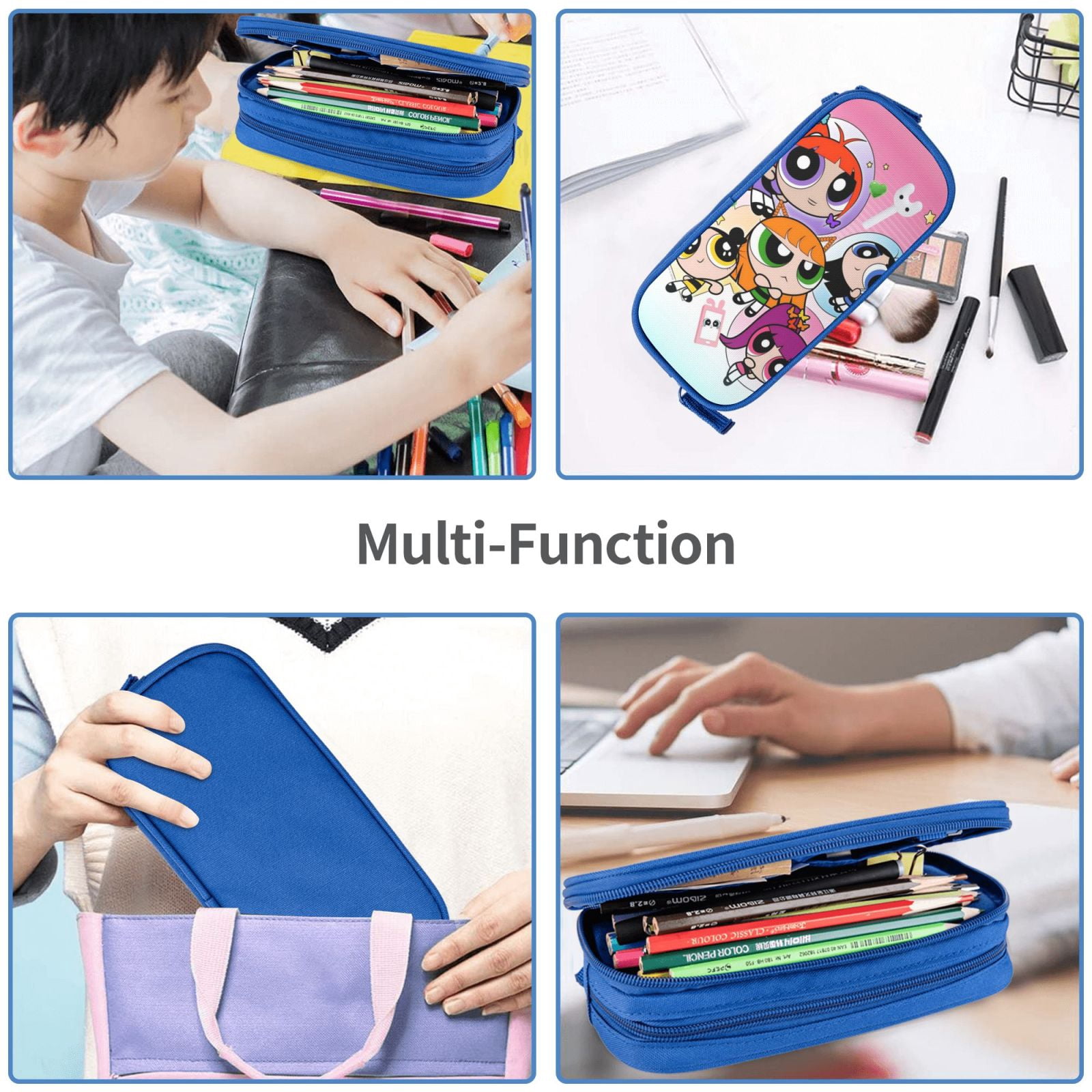 The Powerpuff Gi-rls Pencil Case Large Capacity Pencil Pouch Pen Bag Office Stationery Organizer Travel Makeup Bag Blue