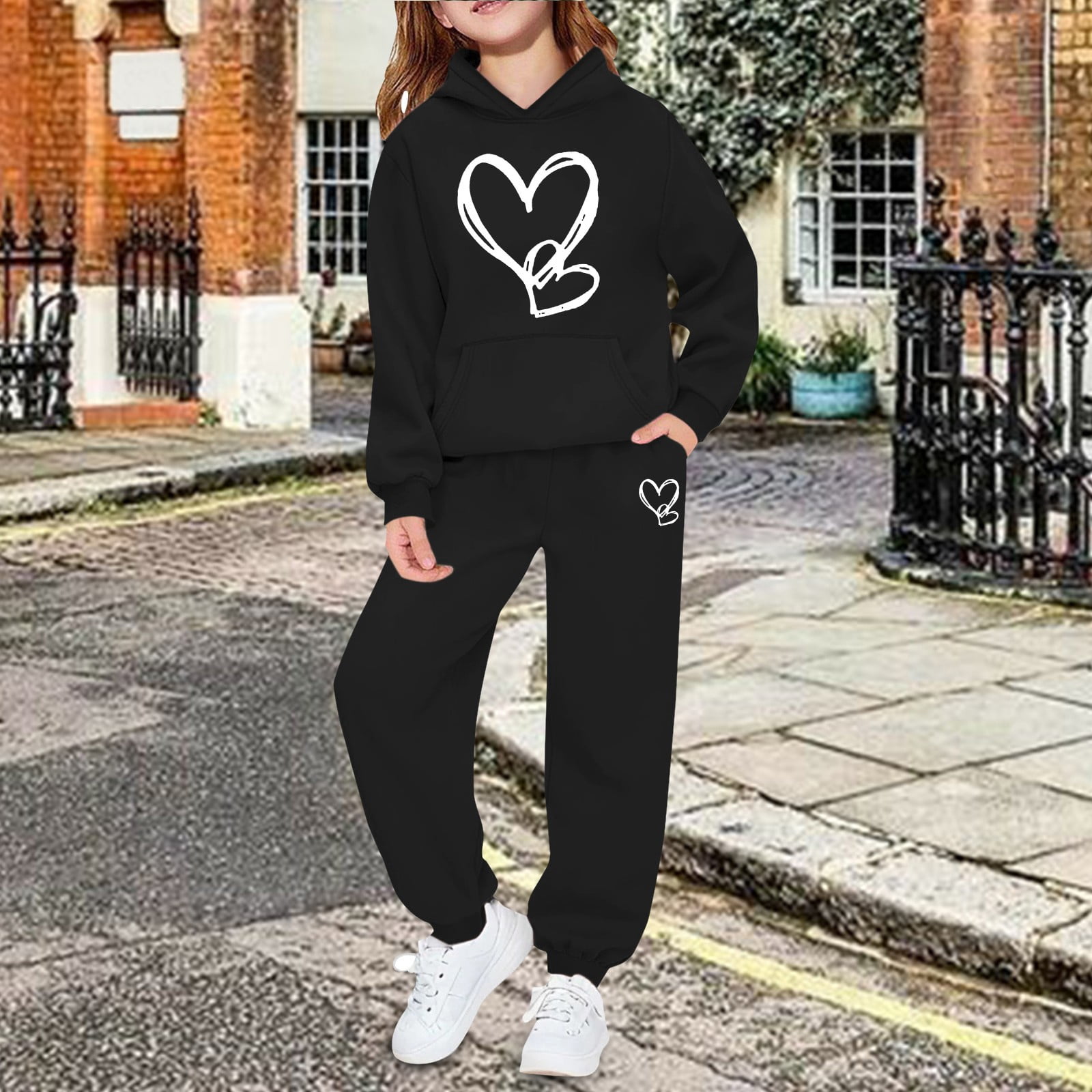 GiLiling Girls Hoodie and Jogger Set with Heart Print Design 2 Piece Casual Outfit for School Travel and Daily Wear (Black 13-14 Years)