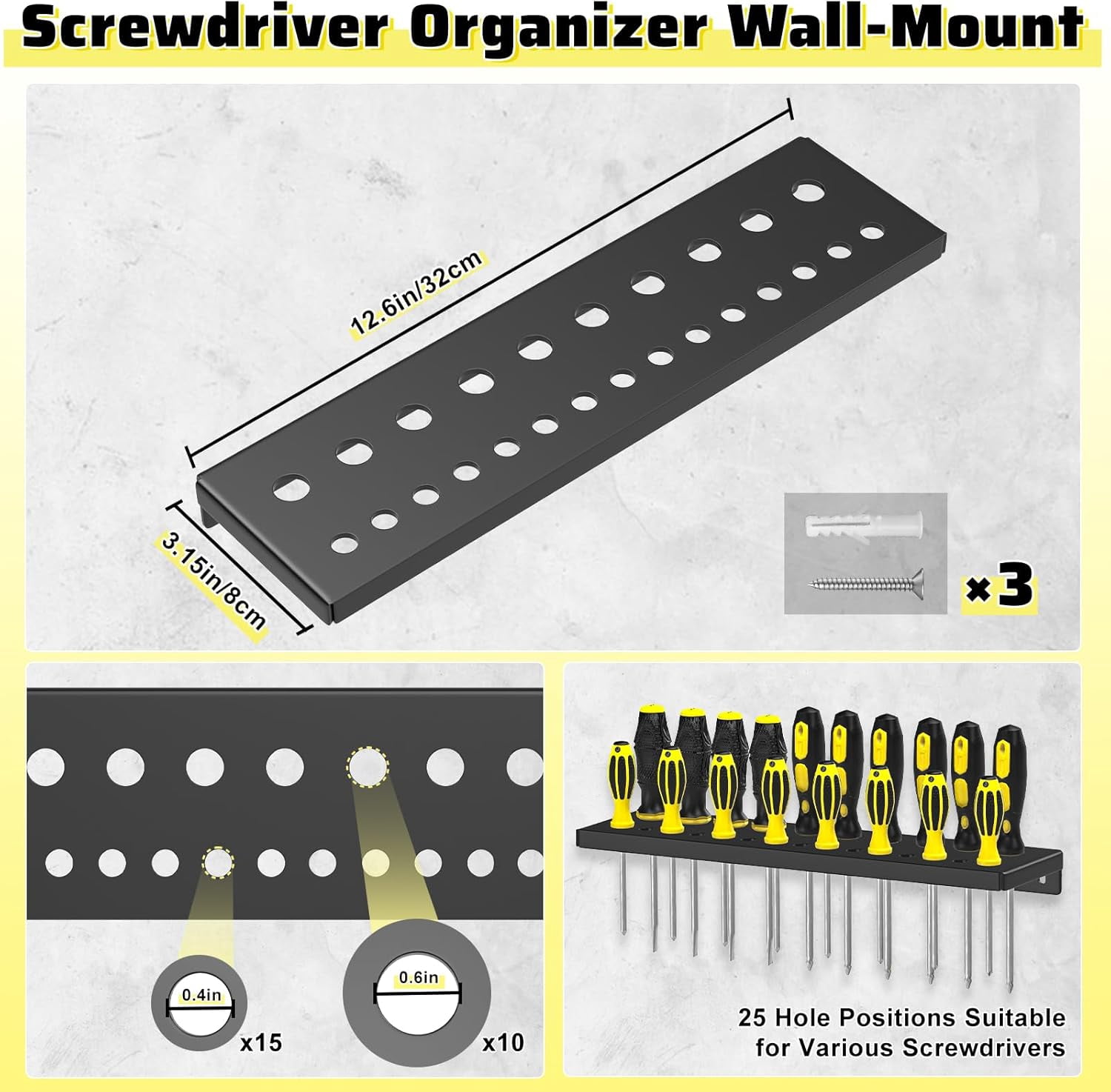 Wall Mount Tool Organizer Rack, 4 Pcs Metal Storage Board for Workshop, Garage, Workbench - Screwdriver, Pliers, Hammer Holder