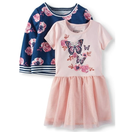 KidTopia Toddler Girl's French Terry Popover Top and Short Sleeve Dress 2-in-1 Outfit Set