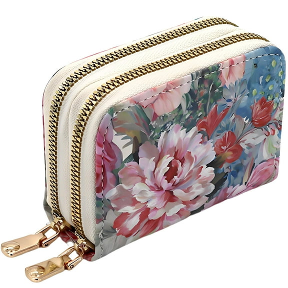 AlmosTen Wallets for Women Small Soft Leather Purse Credit Card Holder Compact Small Wallet with RFID Blocking Dual Compartment Double Zipper Pocket Small Wallets for Women,Big Flower