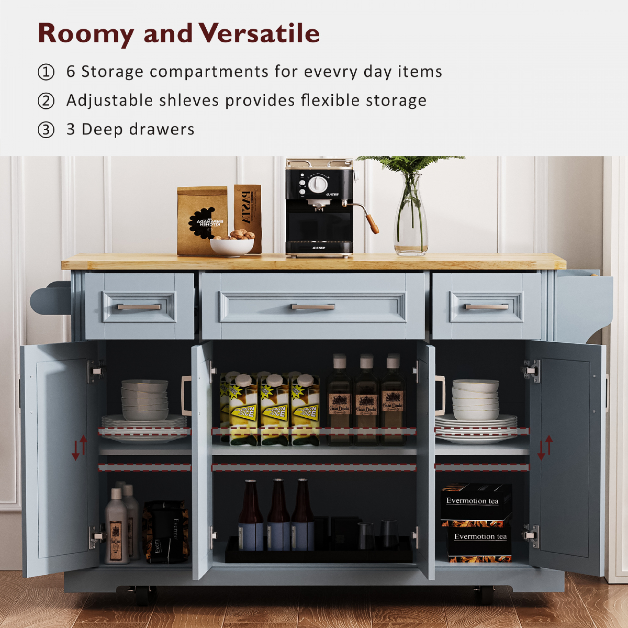 54 Inch Rolling Kitchen Island Cart - Rubber Wood Drop Leaf, Embossed Texture, 4 Doors 3 Drawers Storage for Kitchen Dining,Grey+Blue