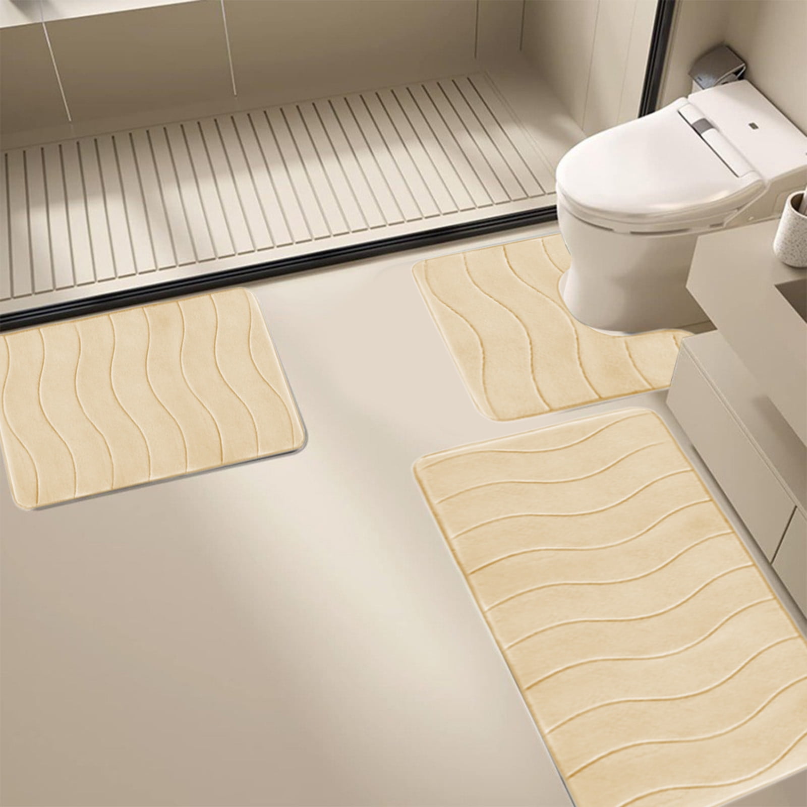 Beautynvta Memory Foam Bath Mat Set, 3 Pieces Quick-Dry Absorbent Bath Mats and U-Shaped Contour Rug for Bathroom, Non-Slip and Soft Comfortable, Beige