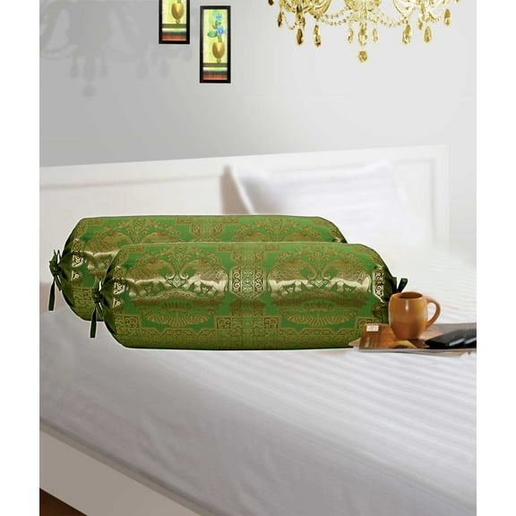 Stylo Culture Ethnic Decorative Brocade Bolster Pillow Covers Olive Green Gold Elephant Silk Jacquard Weave Round Meditation Pillow Floral Cylindrical Cushion Covers - (76x38 cm) | Set of 2 Pcs