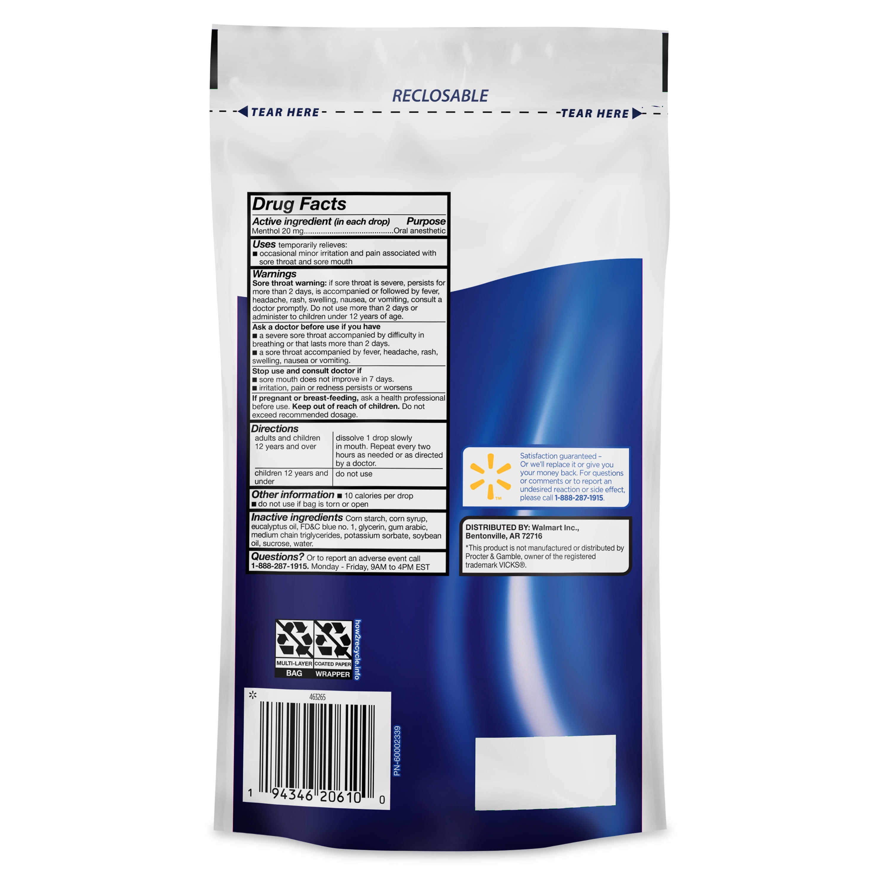 (9 pack) Equate Severe Medicated Menthol Throat Drops, Menthol Ice Flavor, 45 Count, Compare to VICKS® VapoCOOL™ SEVERE THROAT DROPS Active Ingredient