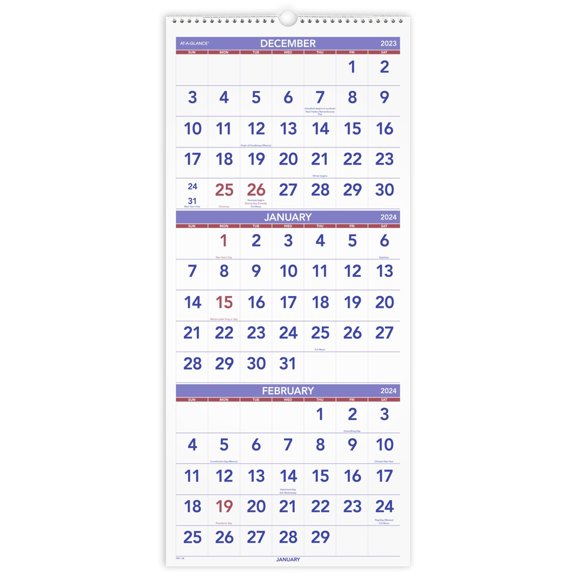2024 AT-A-GLANCE® 3-Month Reference Vertical Wall Calendar, 12" x 27", January to December 2024, PM1128