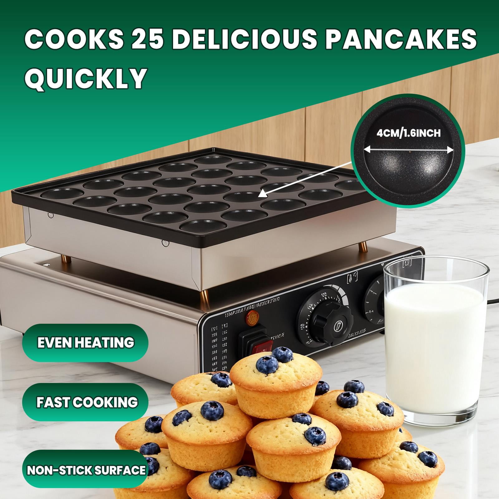 Commercial Pancake Machine 25 Holes,Mini Pancake Maker With Non Stick Surface,25 Pcs 43Mm Diameter Each,Muffin Waffle Baker For Home Party Or Dessert Shop,Silver Stainless Steel