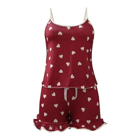 

Qcmgmg Women Cami Shorts Set Sleepwear Pj Sets Loungewear Love Print Pjs Two-piece Pajamas Set XXL