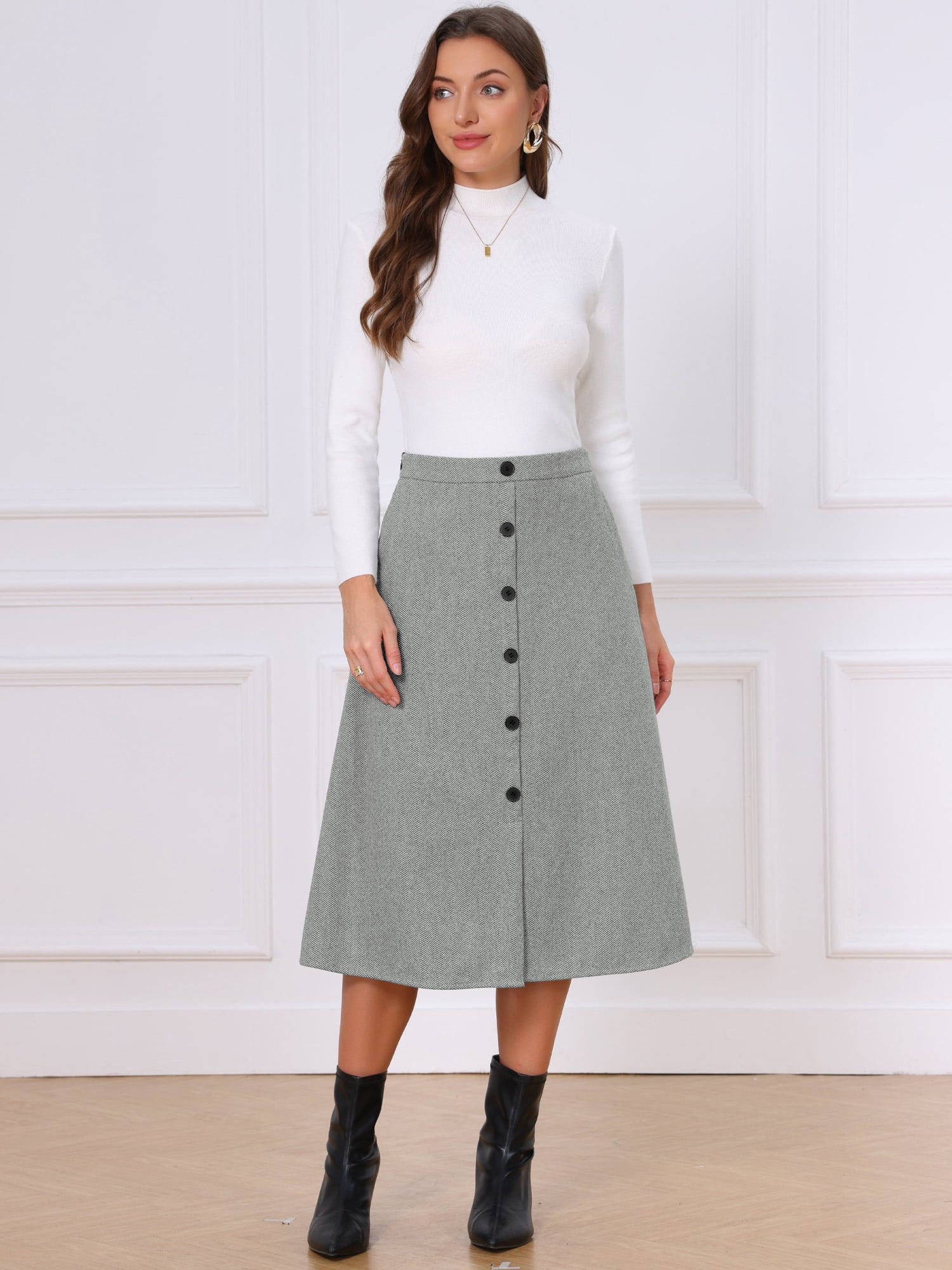 DARING DIVA Women's Work Midi High Waist Button Down Vintage Skirt L Grey