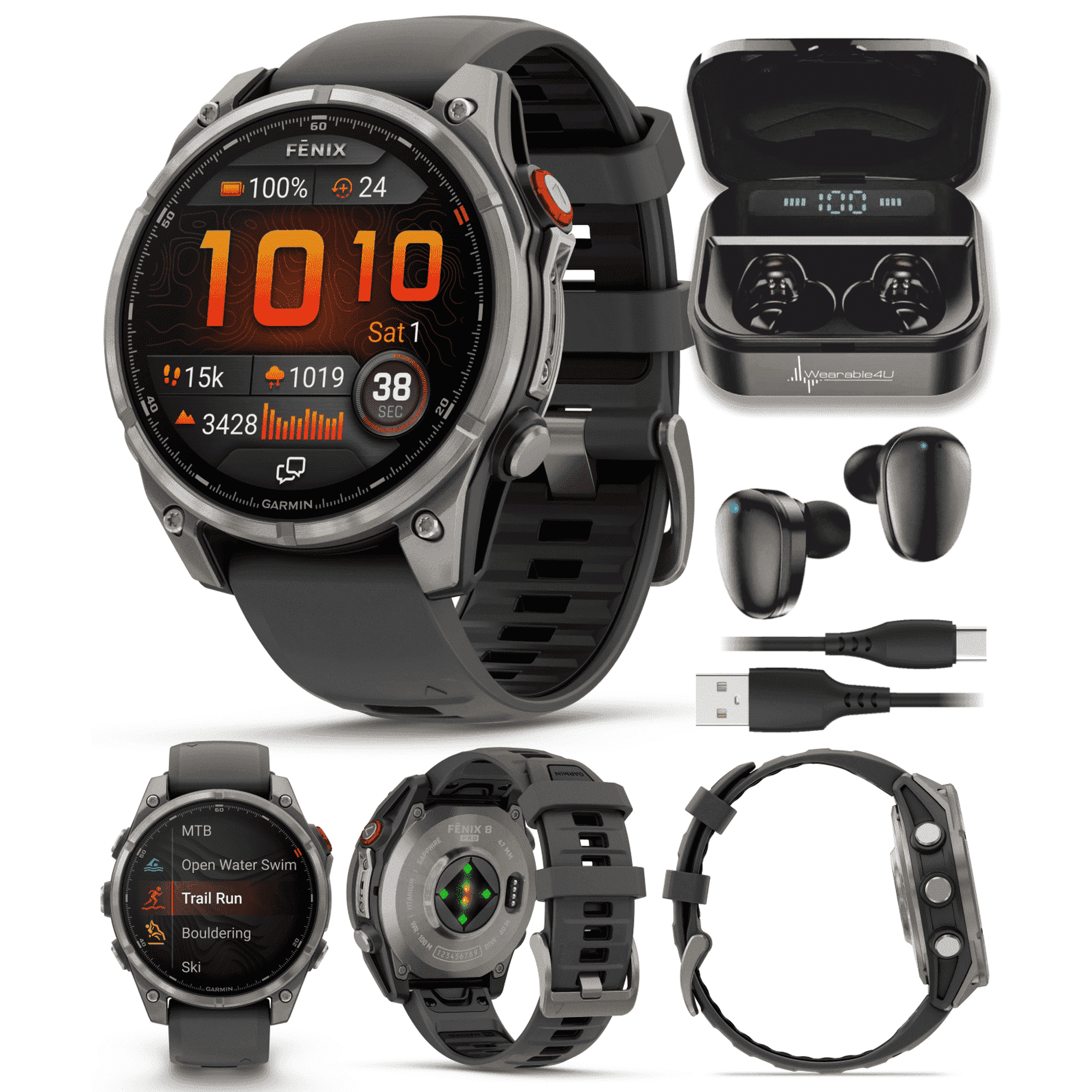 Garmin Fenix 8 Pro - 47mm AMOLED Sapphire Premium Connected Multisport GPS Smartwatch, inReach, Titanium & Graphite/Black Silicone Band w/ Wearable4U Black Earbuds Bundle