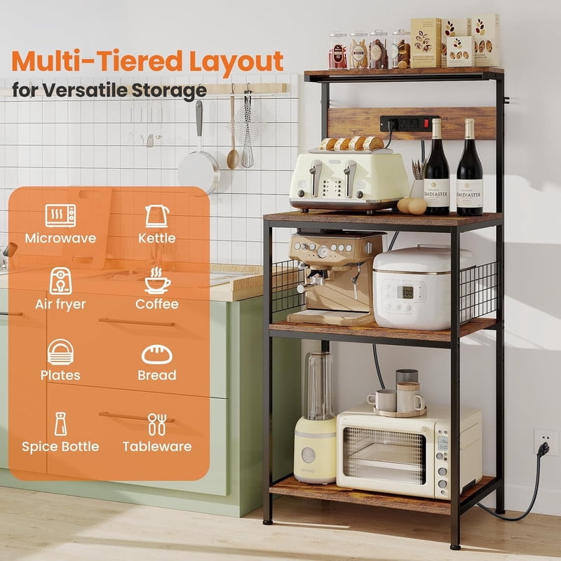Simenmax 23.6" Kitchen Bakers Rack with Power Outlet, 4-Tier Adjustable Microwave Stand, Coffee Bar Station, Brown Storage Shelf Appliance Organizer
