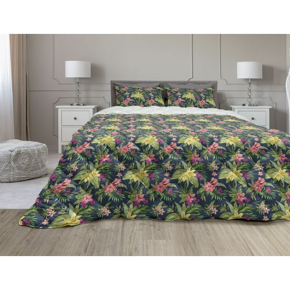 Luau Comforter & Sham Bedding Set, Blooming Jungle Setting with Watercolor Effect Hawaiian Flowers, 3 pcs Duvet Set Microfiber Filling Quilt, 5 Sizes, Multicolor, by Ambesonne
