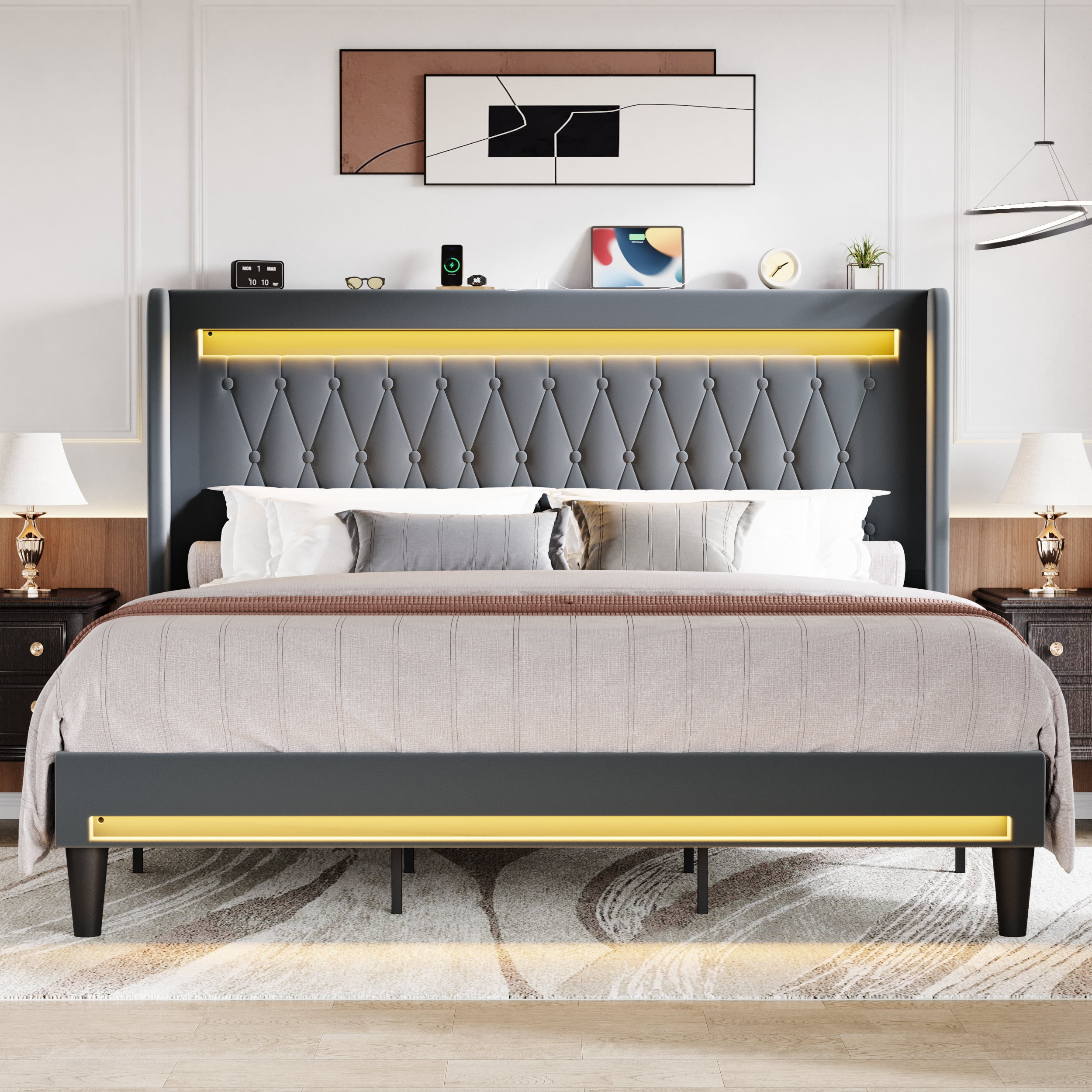 Amolife King Size LED Bed Frame, Upholstered Velvet Platfrom Bed with Charging Station, High Wingback Headboard & 2 Lights, No Box Spring Needed, 1000 LBS Capacity, Gray