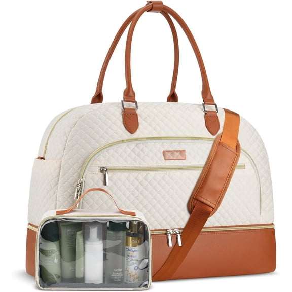 Weekender Bags for Women, Large Travel Duffel Bag Carry Overnight Bag with Shoe Compartment and Toiletry Bag for Travel Business Gym , Beige Brown