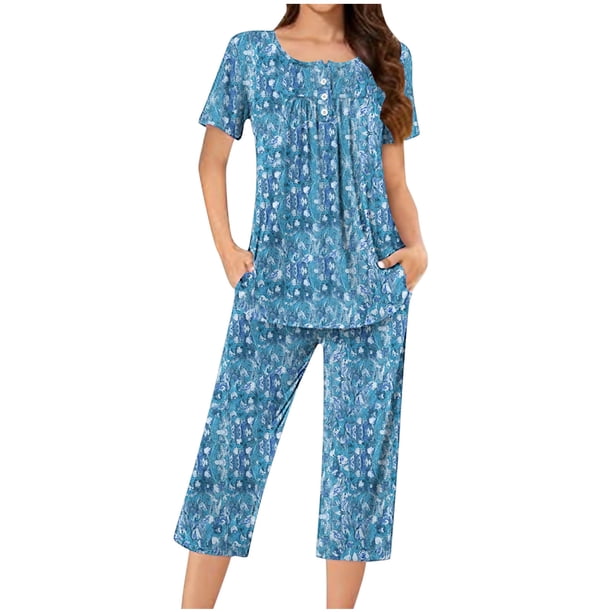 Sexy Pijama Conjunto para las Mujeres Cuello Redondo Blusa de Manga Corta Y Pantalones, Traje de Moda Casual para el Hogar Y Diario