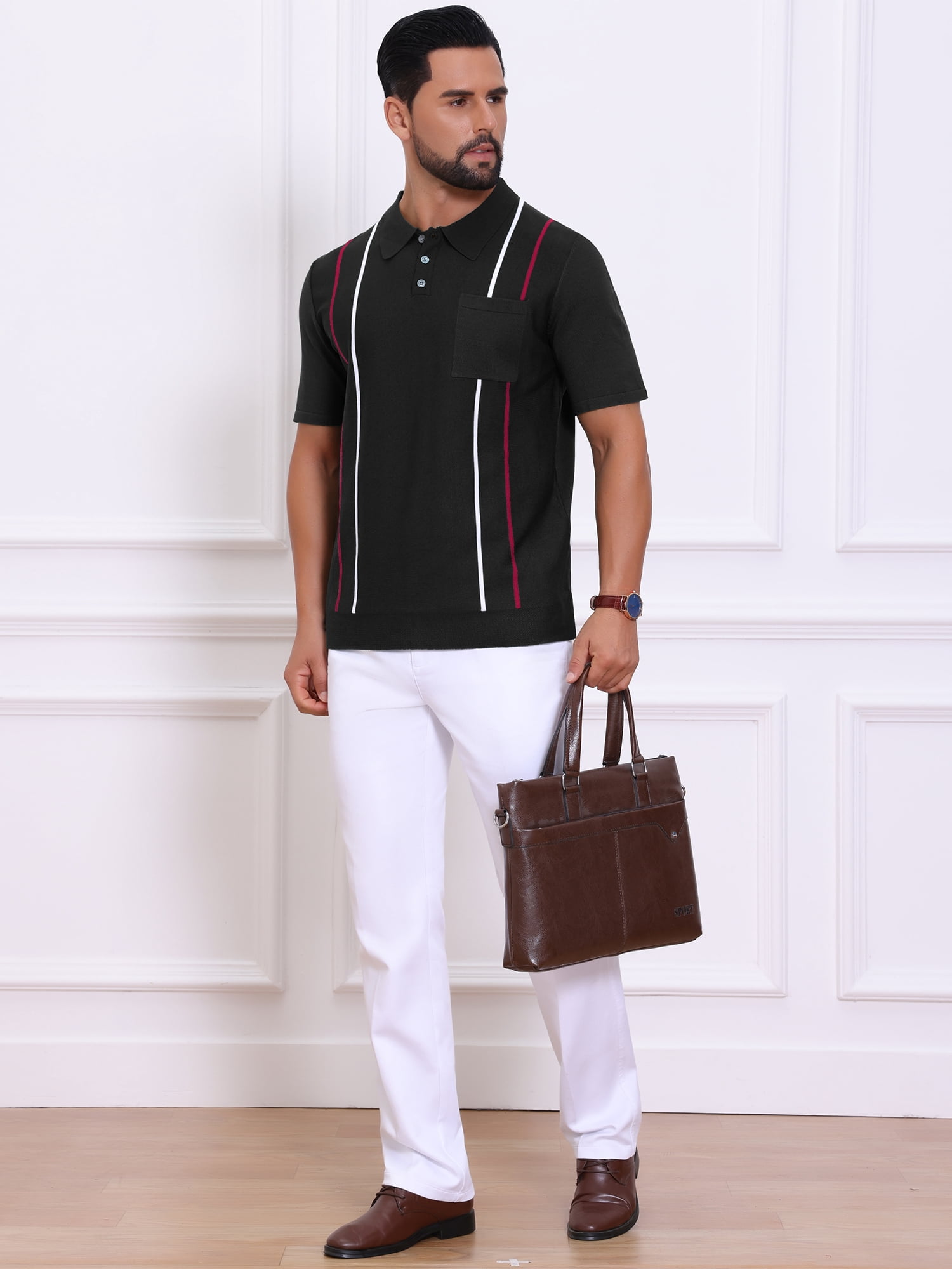 DARING DIVA Men's Striped Knit Chest Pocket Short Sleeve Vintage Golf Shirts 2XL Black