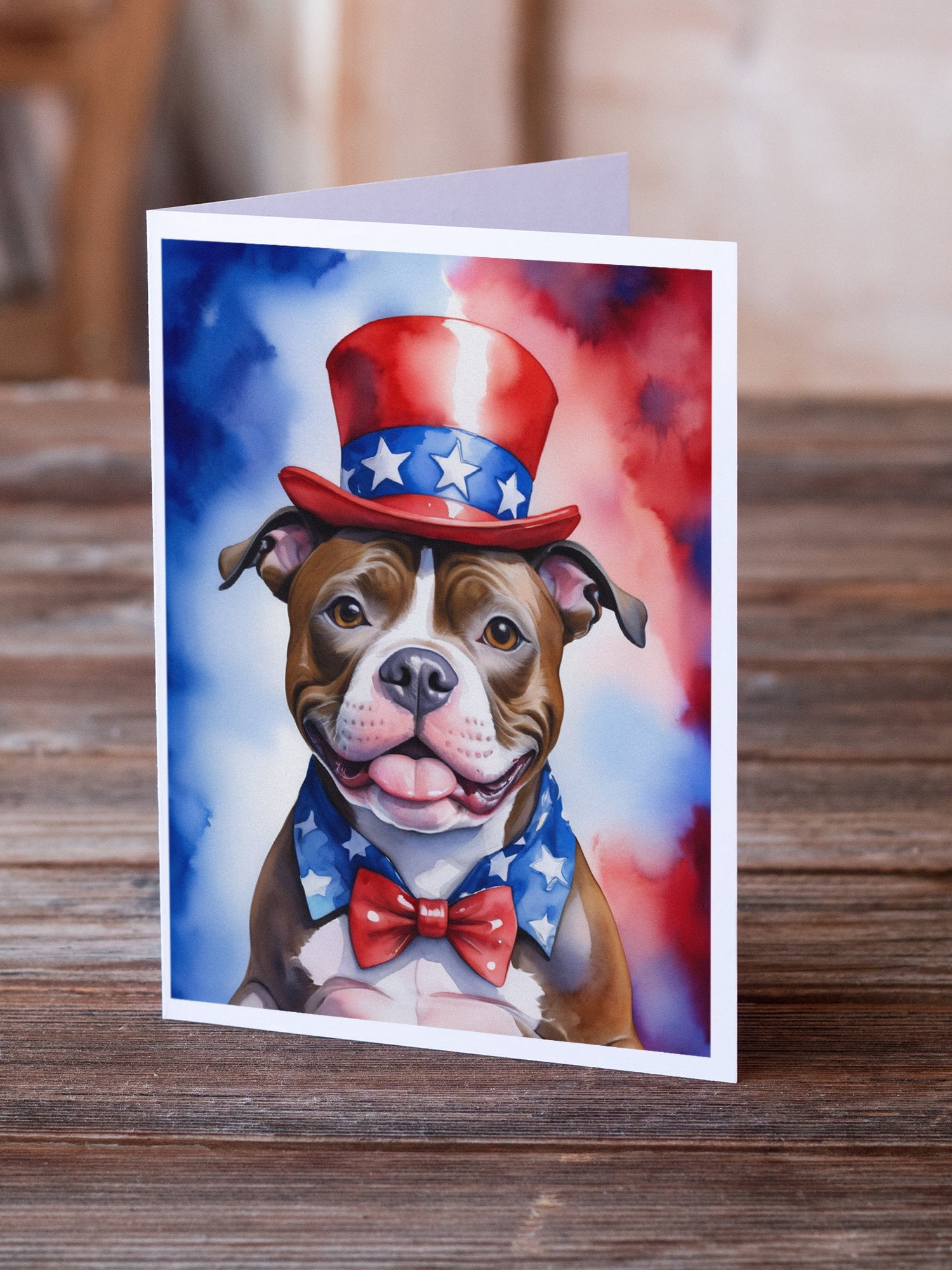 Staffordshire Bull Terrier Patriotic American Greeting Cards Pack of 8 7 in x 5 in