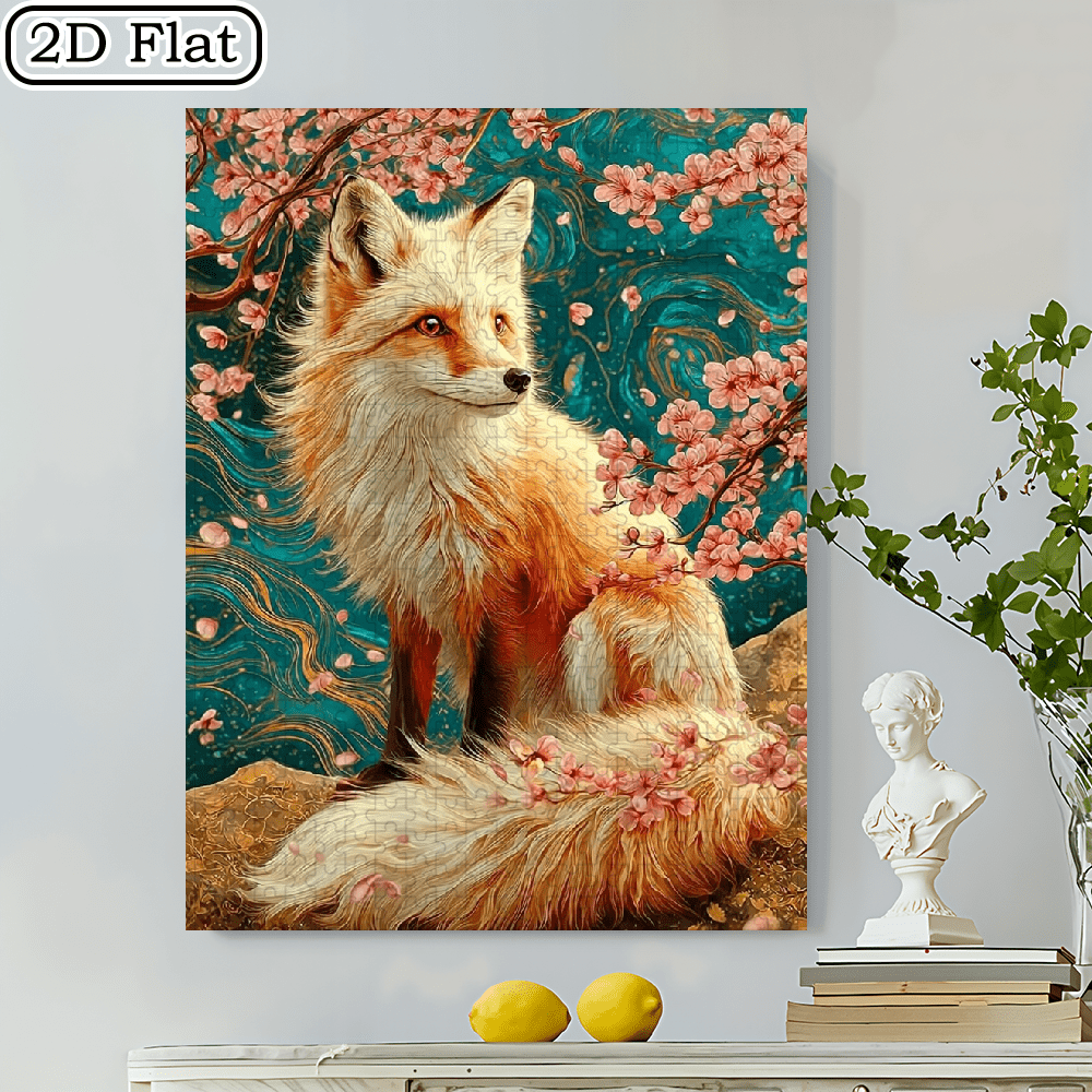 500pcs Fluffy Fox And Cherry Blossom Jigsaw Puzzle, 20.5x15 Inches, Cardboard, Great for Adults And Art Lovers, Stress Relief for Gamers, Portable Entertainment for Couples And Families, Perfect G